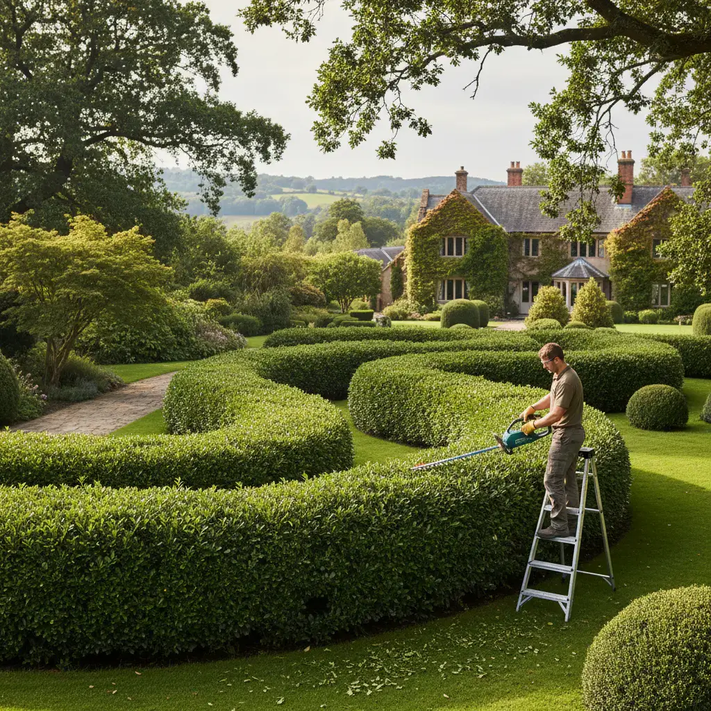 Landscaper trimming a hedge