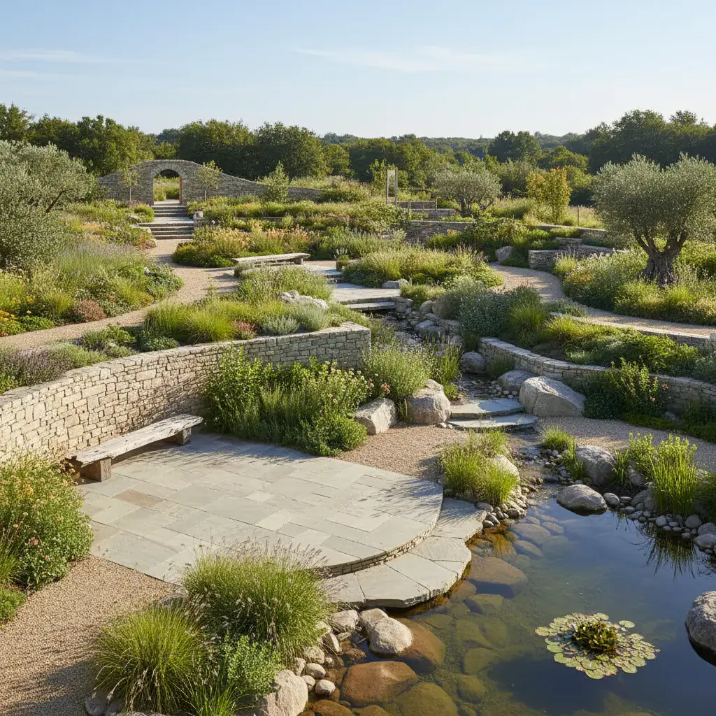 Expansive garden and hardscape landscape