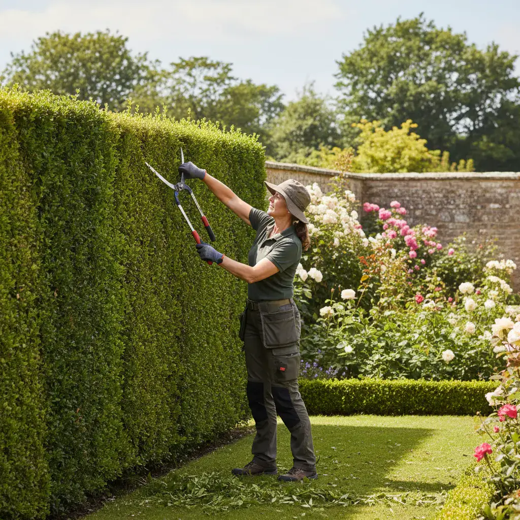 Professional gardener pruning a hedge