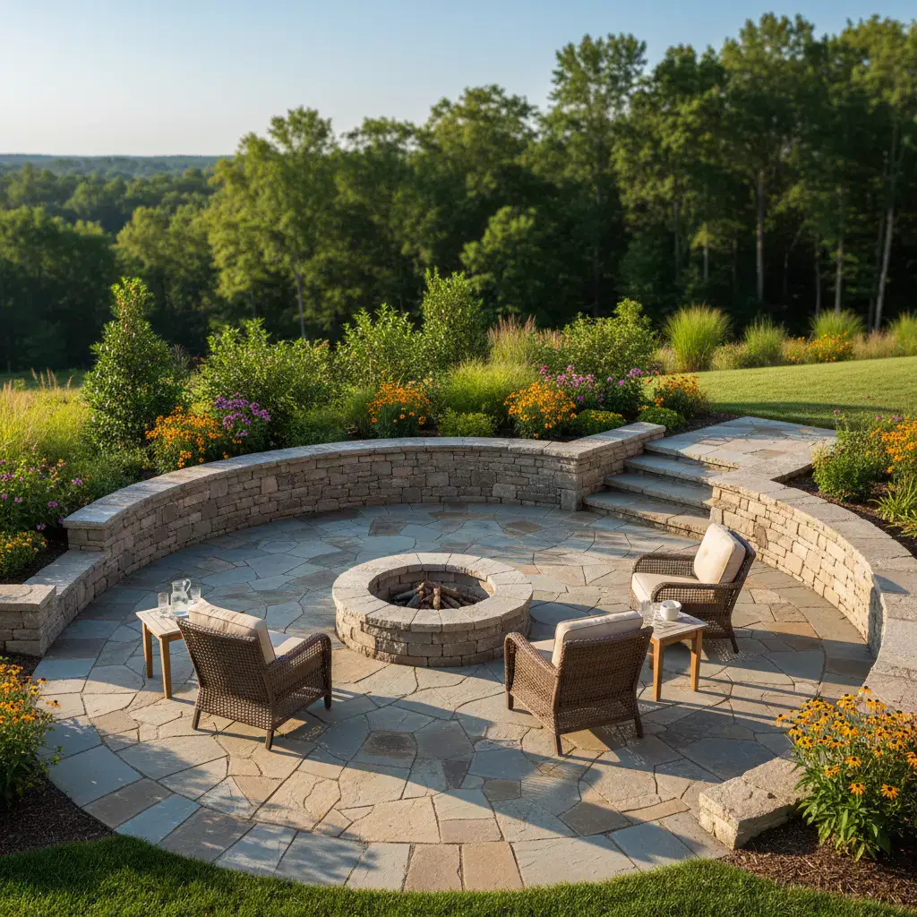 Completed stone patio and retaining wall